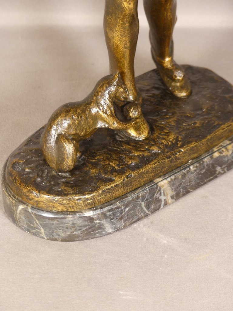 Robert Bousquet (1894-1917), Pierrot Et Le Chat, Bronze Patiné Sur Socle Marbre, Début XX ème-photo-4