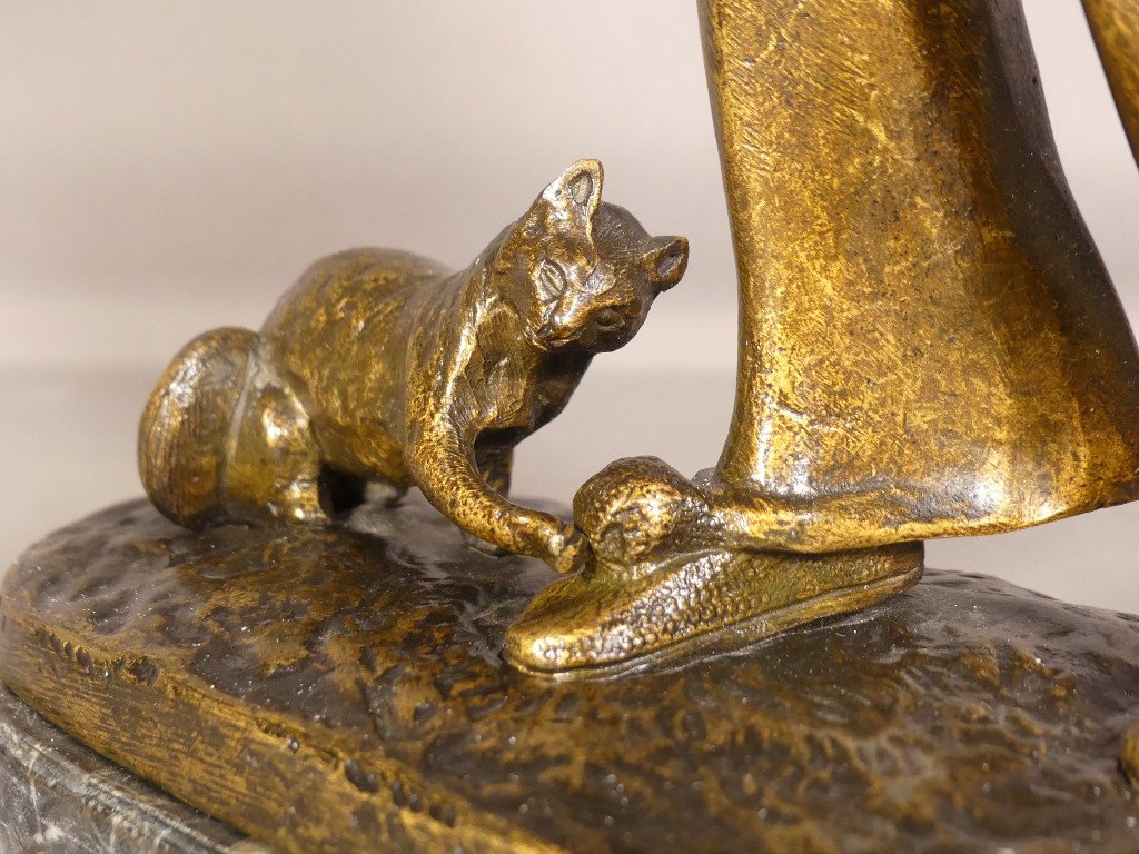 Robert Bousquet (1894-1917), Pierrot Et Le Chat, Bronze Patiné Sur Socle Marbre, Début XX ème-photo-5