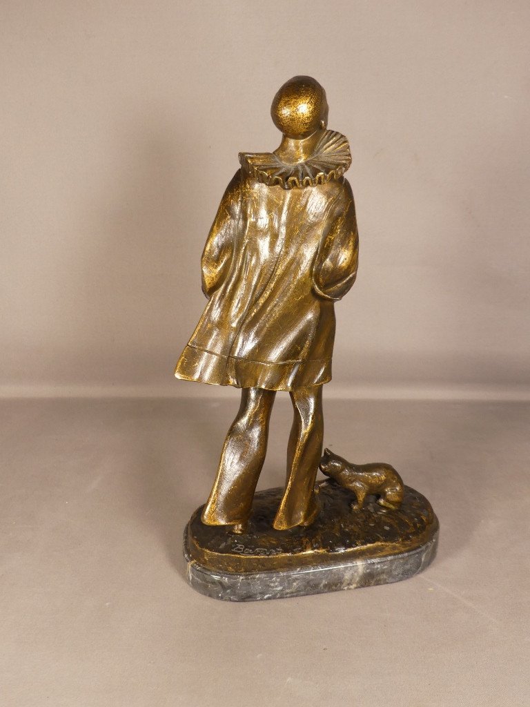 Robert Bousquet (1894-1917), Pierrot Et Le Chat, Bronze Patiné Sur Socle Marbre, Début XX ème-photo-7