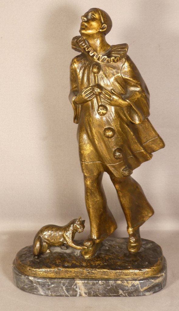 Robert Bousquet (1894-1917), Pierrot Et Le Chat, Bronze Patiné Sur Socle Marbre, Début XX ème