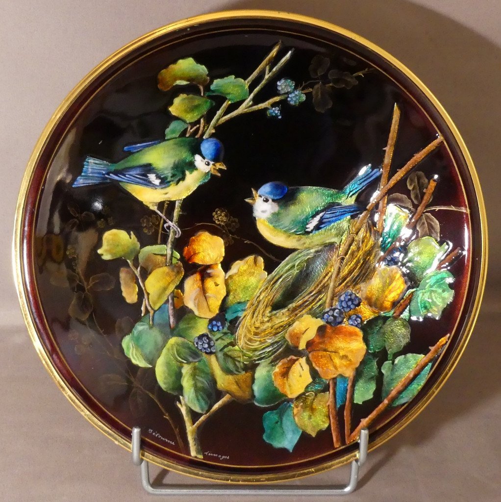 Jean Bétourné, Cup With Chickadees And Their Nest In Enamel, Limoges Enamels