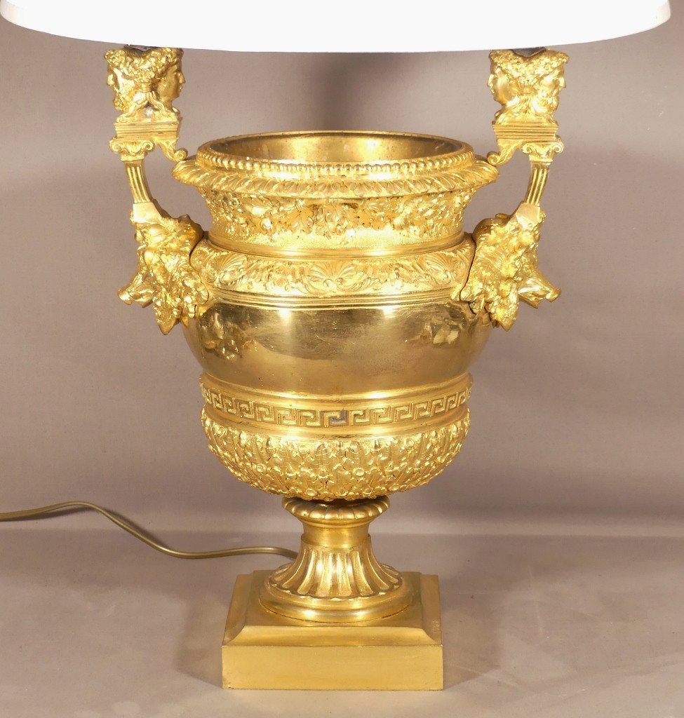 After Claude Ballin, Urn Vase Mounted As A Lamp In Gilt Bronze With Janus Heads, 19th Century-photo-2