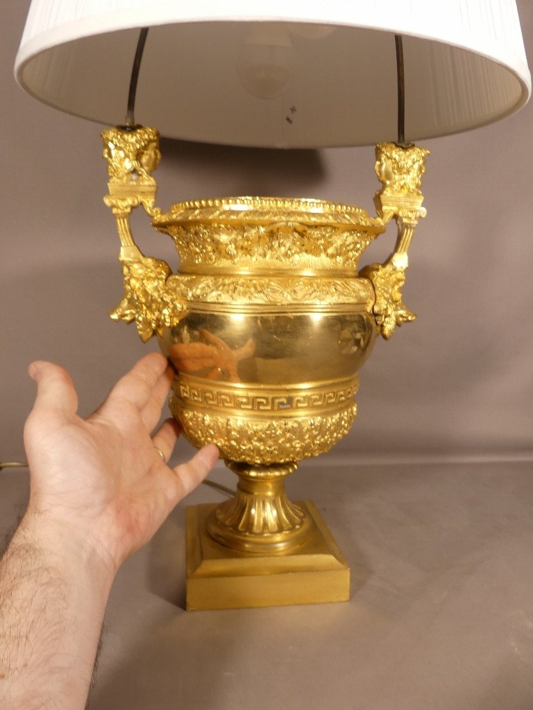 After Claude Ballin, Urn Vase Mounted As A Lamp In Gilt Bronze With Janus Heads, 19th Century-photo-4