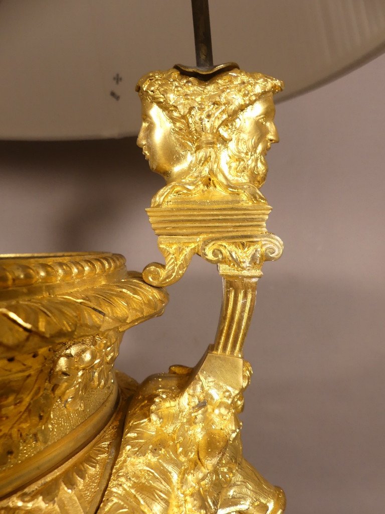 After Claude Ballin, Urn Vase Mounted As A Lamp In Gilt Bronze With Janus Heads, 19th Century-photo-5