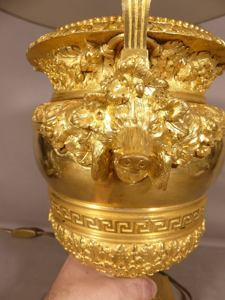 After Claude Ballin, Urn Vase Mounted As A Lamp In Gilt Bronze With Janus Heads, 19th Century-photo-6