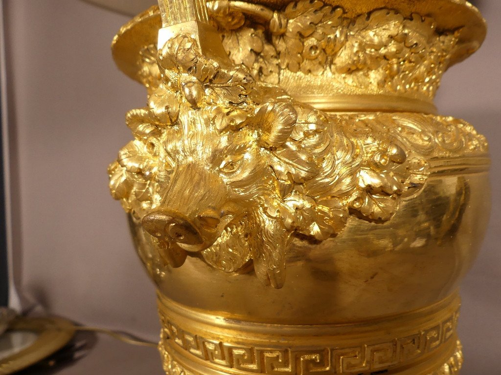 After Claude Ballin, Urn Vase Mounted As A Lamp In Gilt Bronze With Janus Heads, 19th Century-photo-7