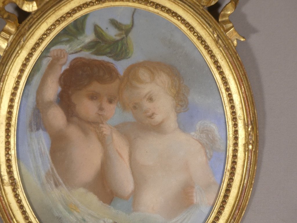 19th Century Pastel, Two Cherubs Signed Cécile Boisard, 1863, Louis XVI Frame -photo-2