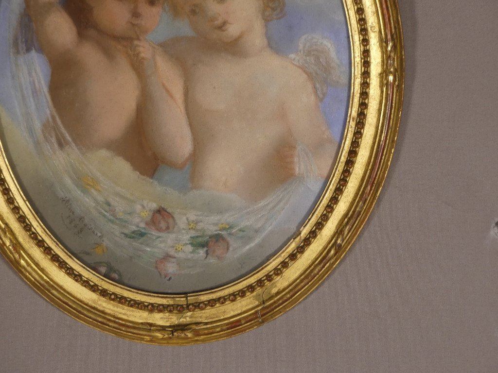 19th Century Pastel, Two Cherubs Signed Cécile Boisard, 1863, Louis XVI Frame -photo-3