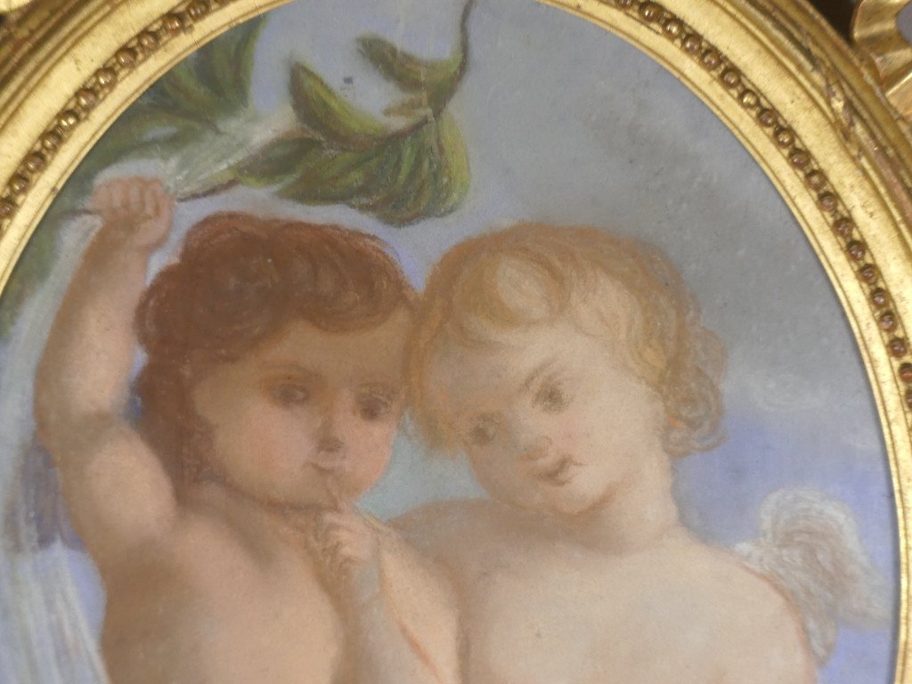 19th Century Pastel, Two Cherubs Signed Cécile Boisard, 1863, Louis XVI Frame -photo-1