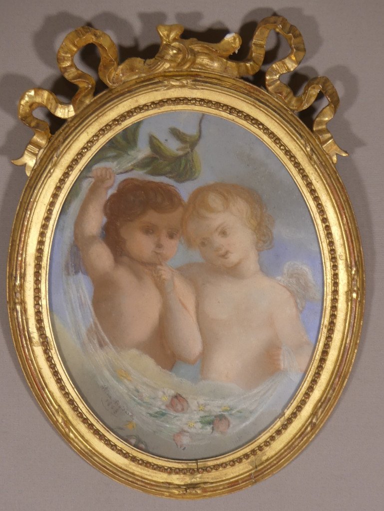 19th Century Pastel, Two Cherubs Signed Cécile Boisard, 1863, Louis XVI Frame 