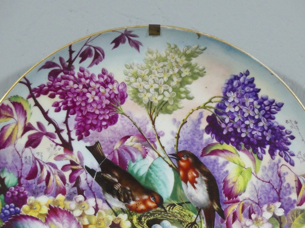 Plat Décoratif Aux Fleurs Et Oiseaux, Porcelaine Peinte à La Main, époque XIX ème-photo-2