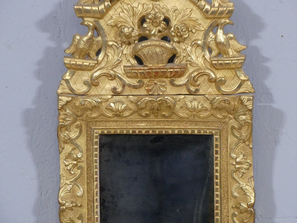 Louis XIV Period Pediment Mirror In Carved And Gilded Oak Wood, Early 18th Century-photo-3