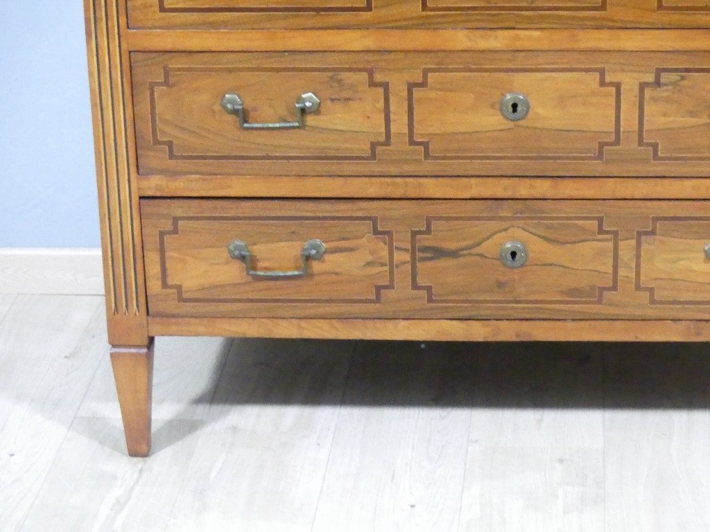 Commode Louis XVI En Noyer Et Marqueterie , Plateau Marbre Gris, époque XVIII ème-photo-2