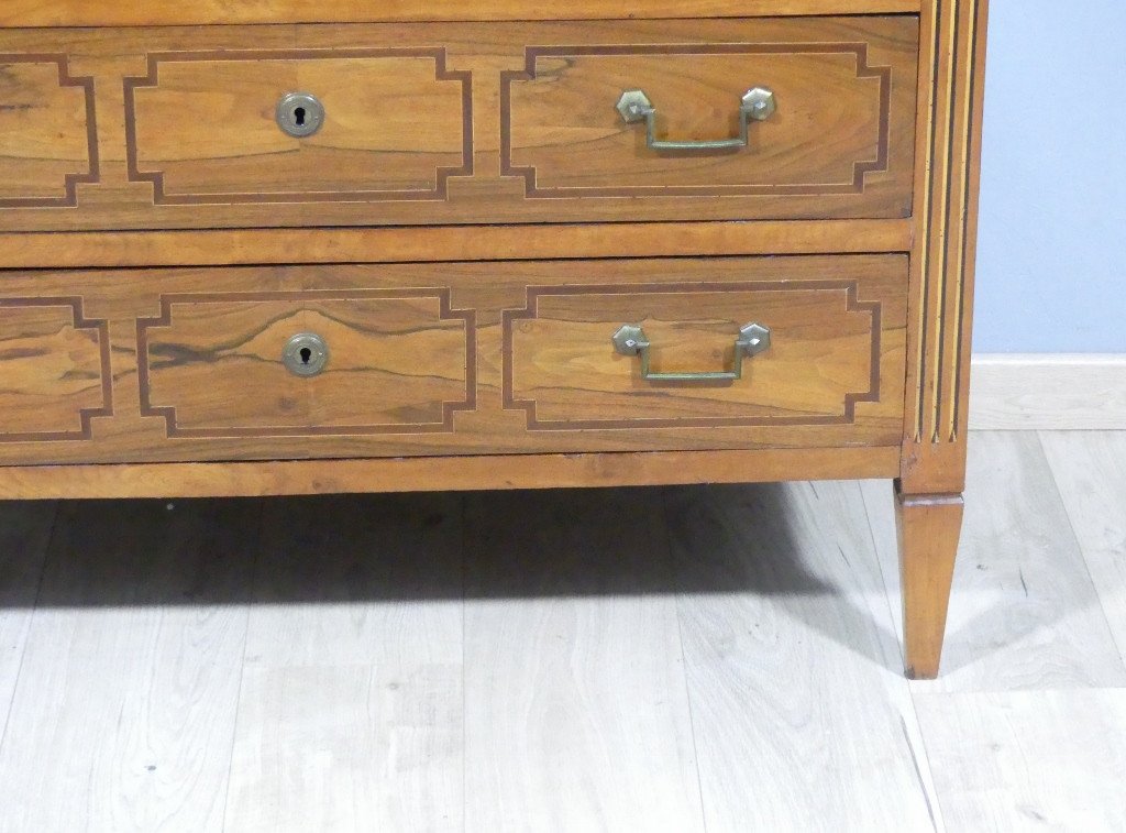 Commode Louis XVI En Noyer Et Marqueterie , Plateau Marbre Gris, époque XVIII ème-photo-3