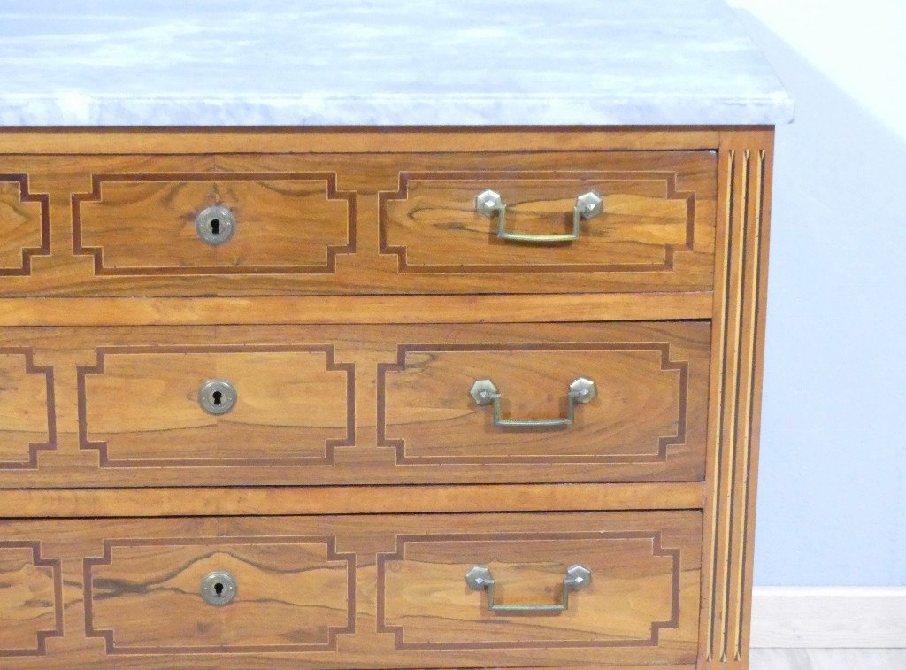 Louis XVI Commode In Walnut And Marquetry, Gray Marble Top, 18th Century-photo-4