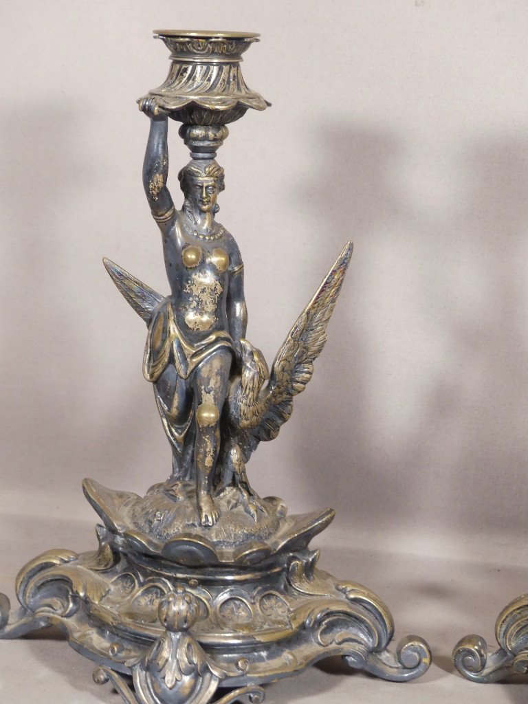 H&eacute;b&eacute; Et l&#039;Aigle De Jupiter, Paire De Bougeoirs En Bronze Argent&eacute;, &eacute;poque XIX &egrave;me-photo-2