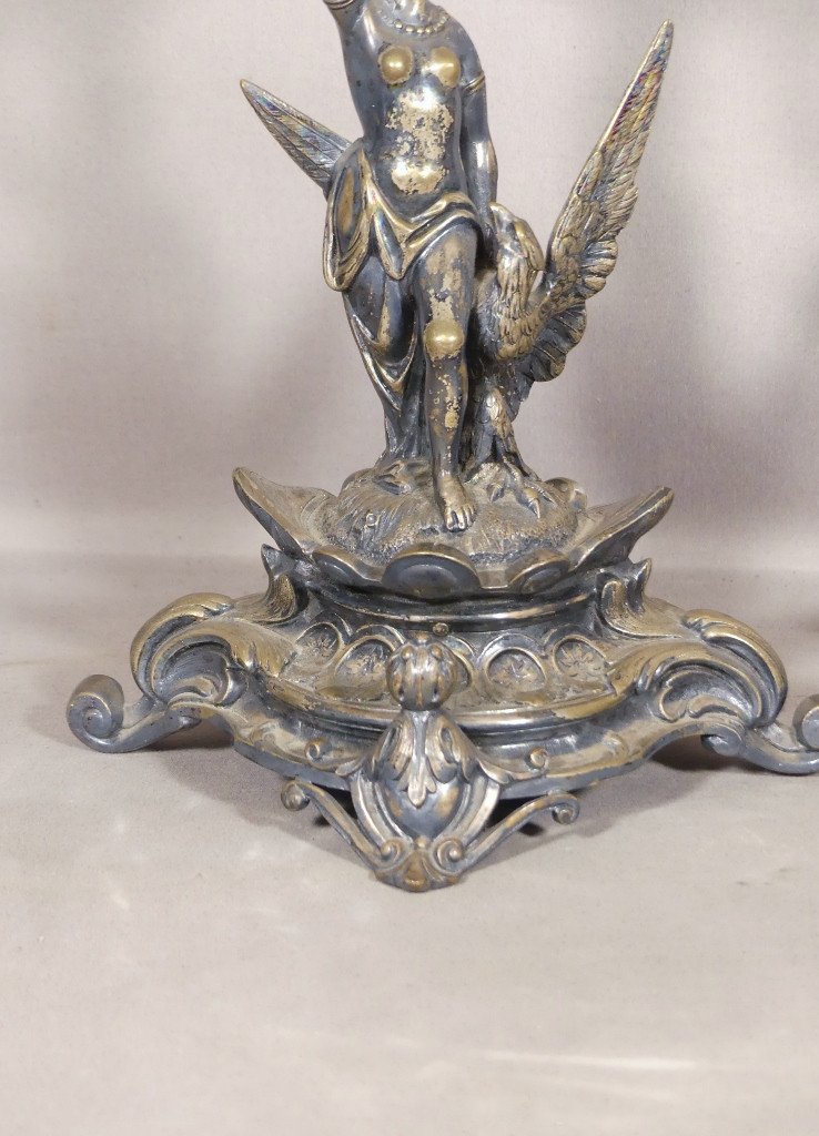 H&eacute;b&eacute; Et l&#039;Aigle De Jupiter, Paire De Bougeoirs En Bronze Argent&eacute;, &eacute;poque XIX &egrave;me-photo-3