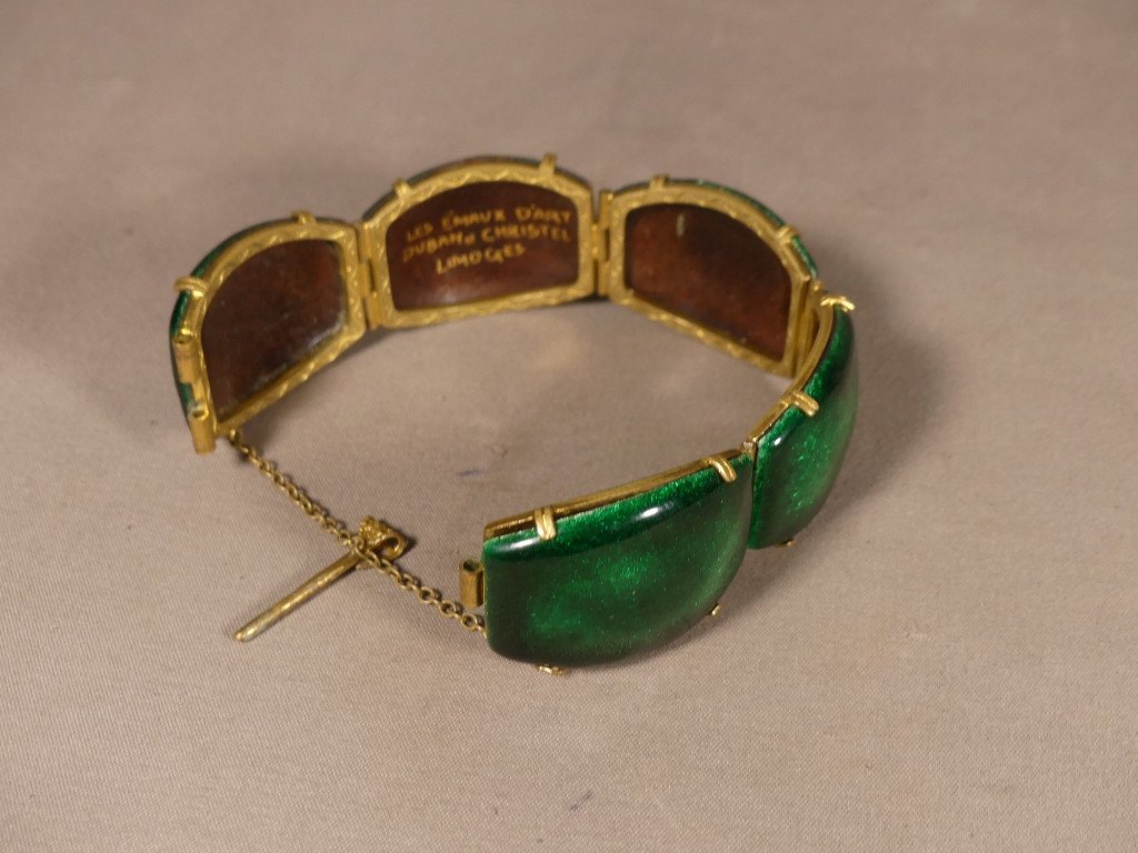 Enamel Bracelet, Limoges Duban And Christel Enamels, Green Color, Circa 1980-photo-2