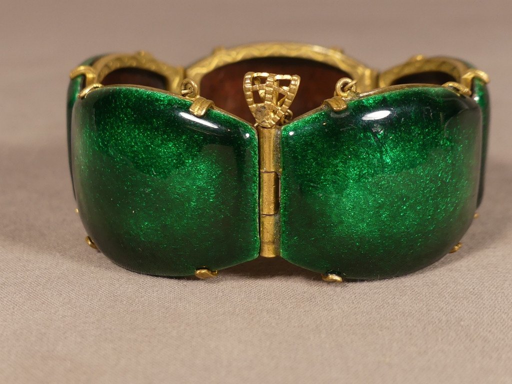 Enamel Bracelet, Limoges Duban And Christel Enamels, Green Color, Circa 1980