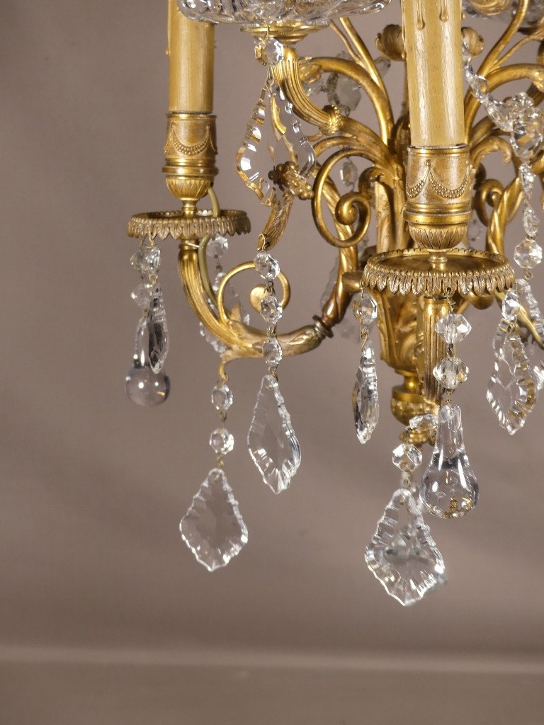 Baccarat, Small Louis XVI Style Bronze Chandelier With Crystal Pendants, 19th Century-photo-2