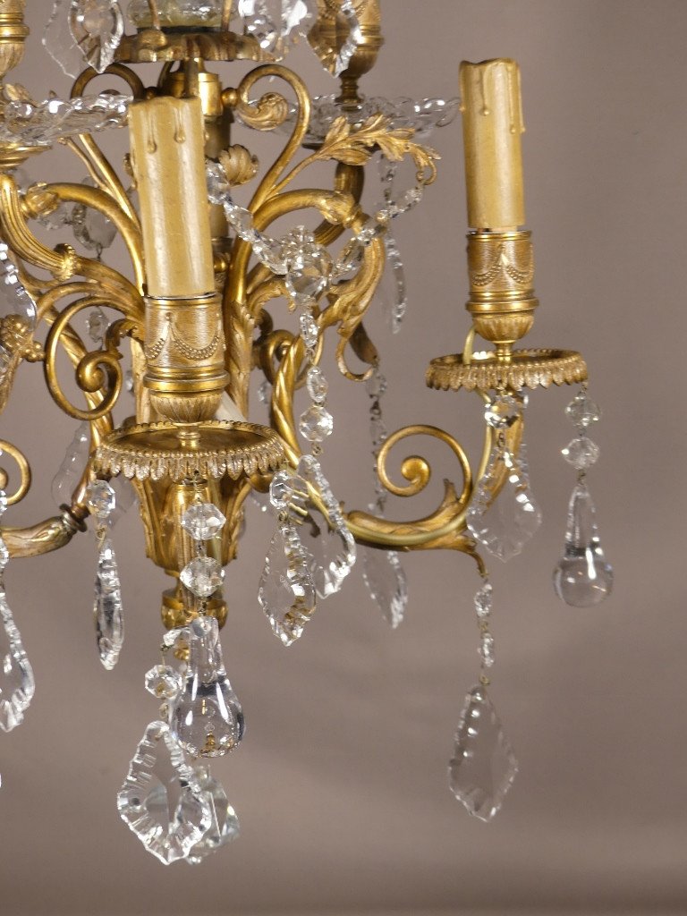 Baccarat, Small Louis XVI Style Bronze Chandelier With Crystal Pendants, 19th Century-photo-3