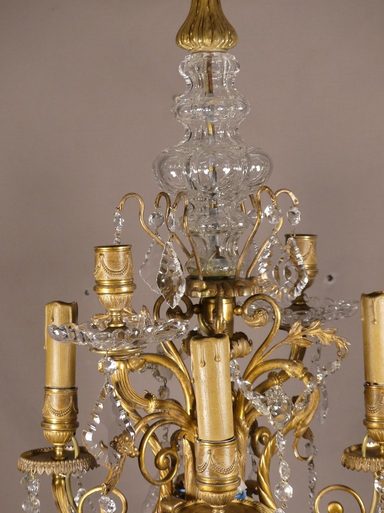 Baccarat, Small Louis XVI Style Bronze Chandelier With Crystal Pendants, 19th Century-photo-4