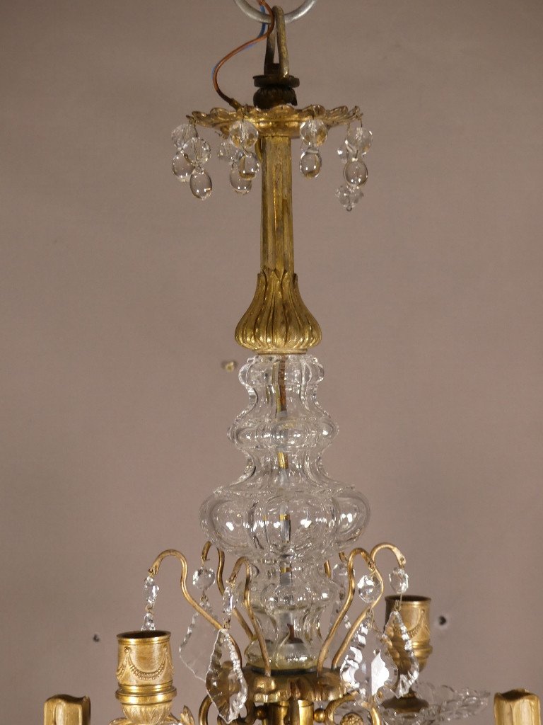 Baccarat, Small Louis XVI Style Bronze Chandelier With Crystal Pendants, 19th Century-photo-1