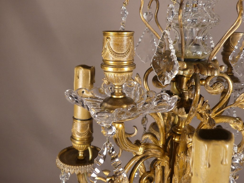 Baccarat, Small Louis XVI Style Bronze Chandelier With Crystal Pendants, 19th Century-photo-2