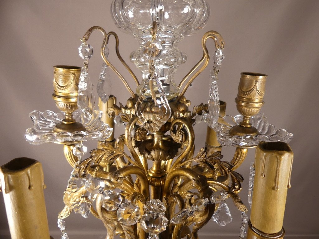 Baccarat, Small Louis XVI Style Bronze Chandelier With Crystal Pendants, 19th Century-photo-4