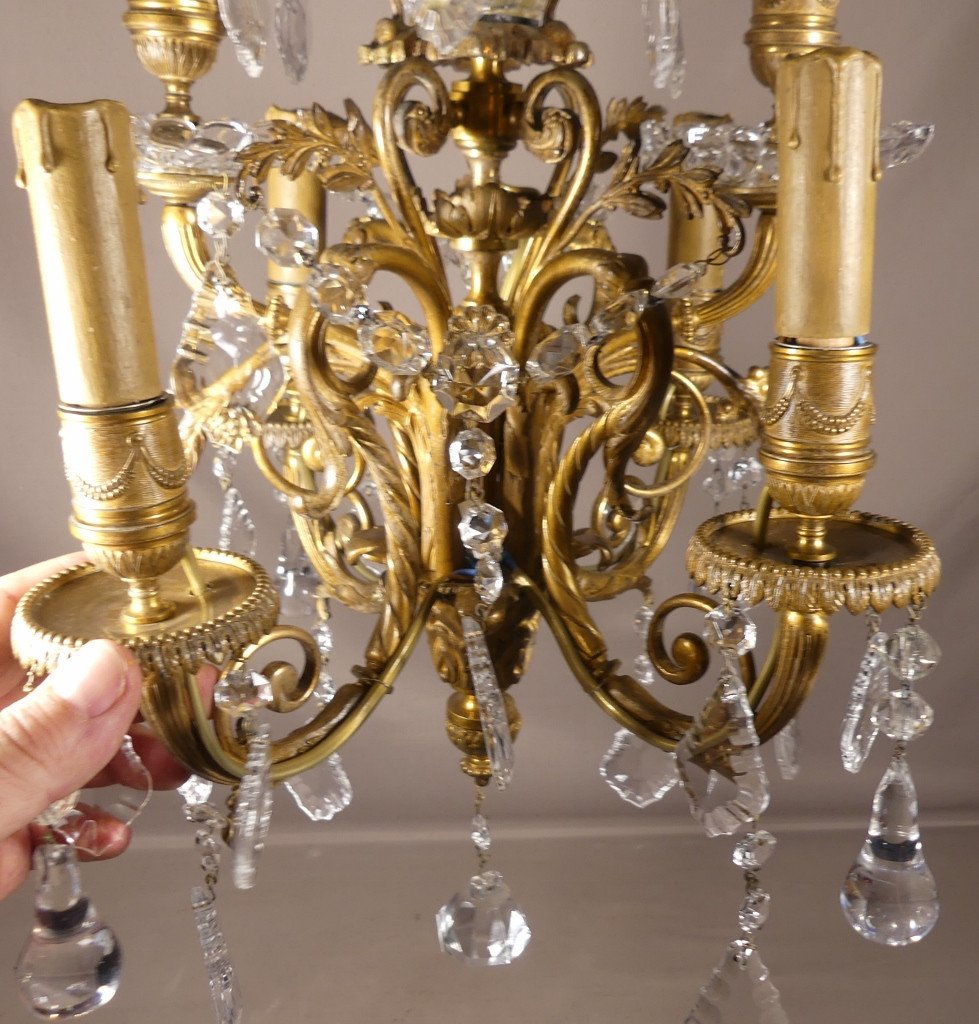 Baccarat, Small Louis XVI Style Bronze Chandelier With Crystal Pendants, 19th Century-photo-5