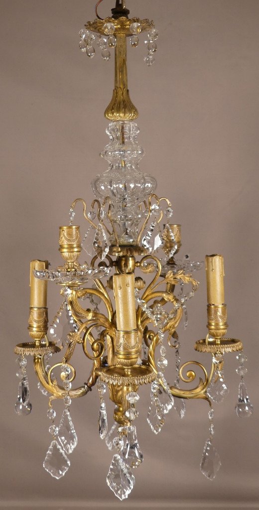 Baccarat, Small Louis XVI Style Bronze Chandelier With Crystal Pendants, 19th Century