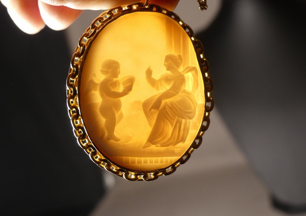 Shell Cameo Pendant Woman And Angel, 19th Century-photo-4