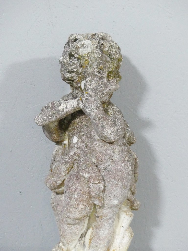 Putti Musician, Garden Statue In Reconstituted Stone, Mid-20th Century-photo-2