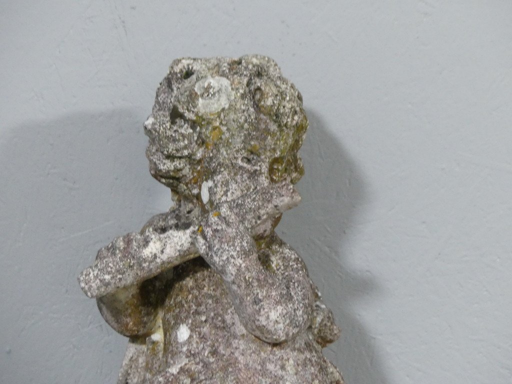 Putti Musician, Garden Statue In Reconstituted Stone, Mid-20th Century-photo-4