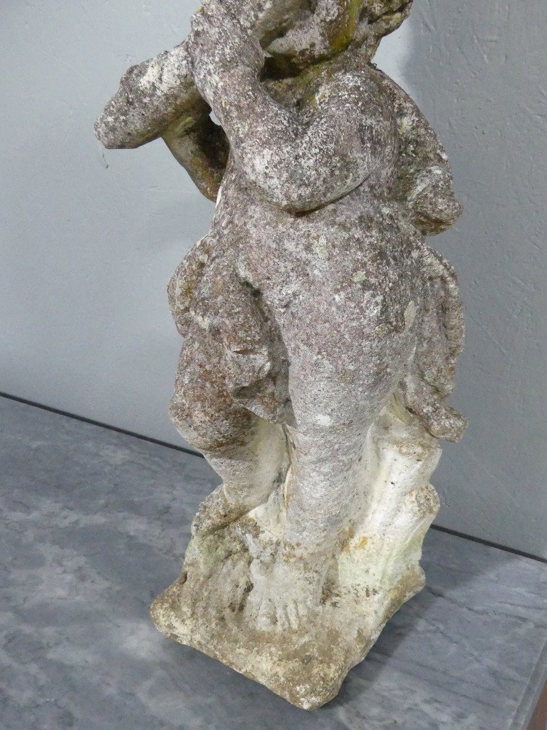 Putti Musician, Garden Statue In Reconstituted Stone, Mid-20th Century-photo-3