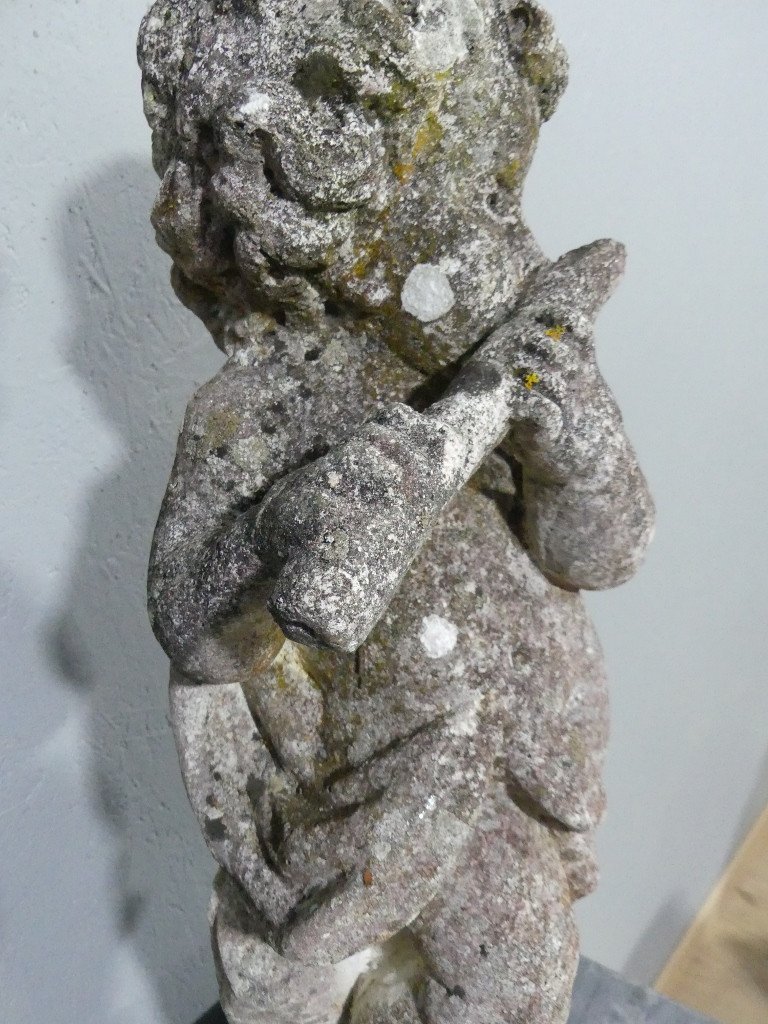 Putti Musician, Garden Statue In Reconstituted Stone, Mid-20th Century-photo-5