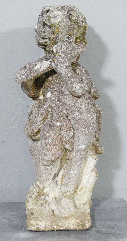 Putti Musician, Garden Statue In Reconstituted Stone, Mid-20th Century