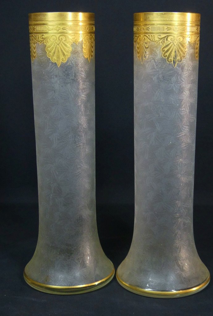 Saint Louis Empire Nelly, Paire De Vases En Cristal Givré Et Incrusté d'Or, époque 1900