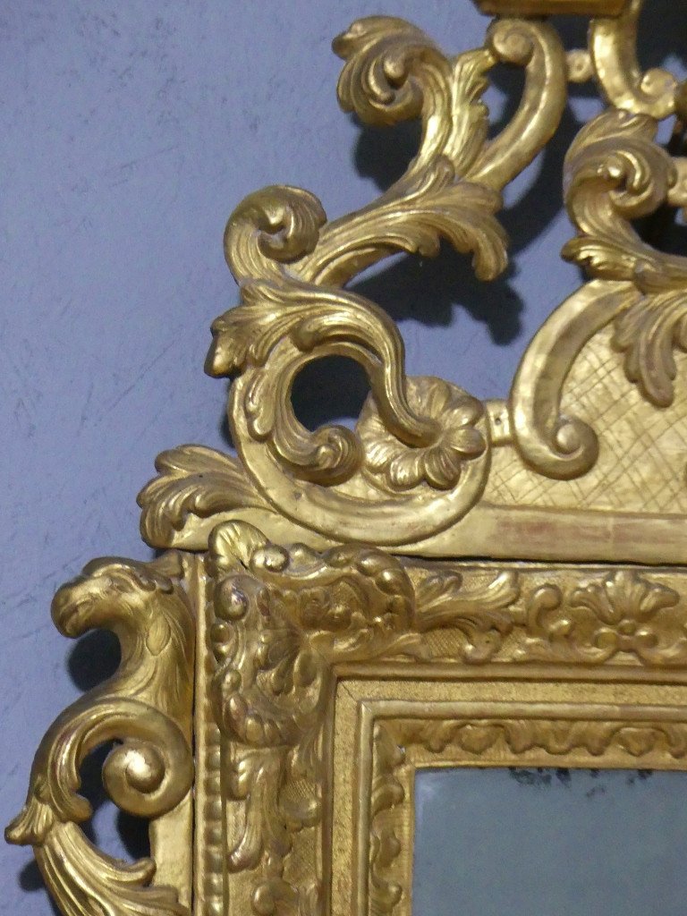 Miroir à Fronton En Bois Sculpté Et Doré à La Feuille époque Louis XIV, Début XVIII ème Siècle-photo-2