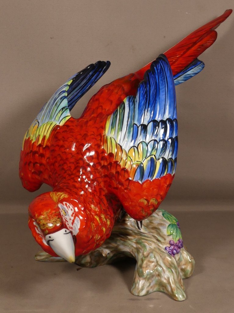 Large Life Size Macaw Parrot In Hand Painted Porcelain Limoges Period Late 20th Century-photo-2