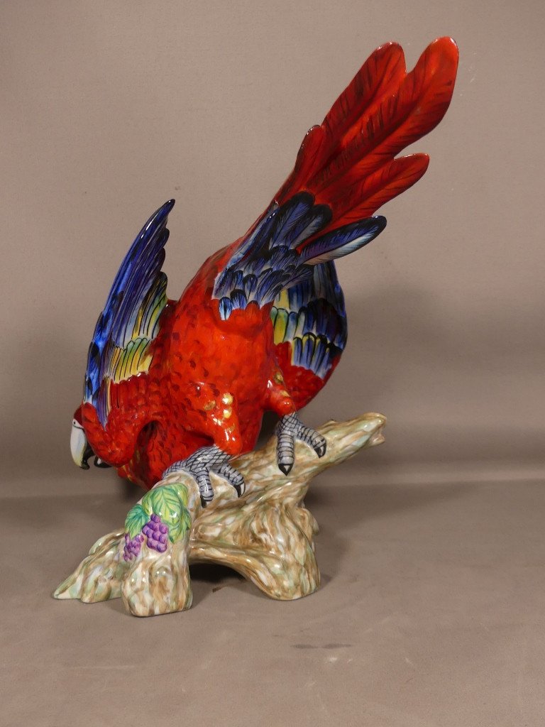 Large Life Size Macaw Parrot In Hand Painted Porcelain Limoges Period Late 20th Century-photo-2