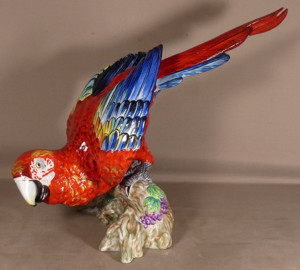 Large Life Size Macaw Parrot In Hand Painted Porcelain Limoges Period Late 20th Century