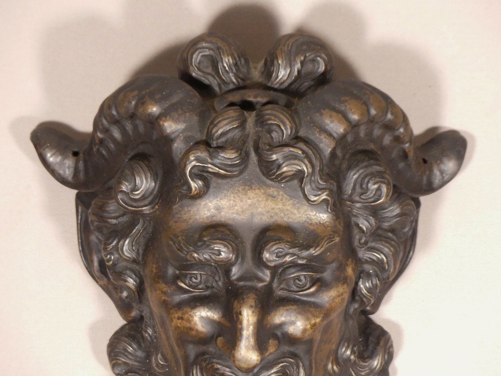 Mascaron De Fontaine Faune Ou Satyre En Métal Patiné Bronze, époque XIX ème-photo-2