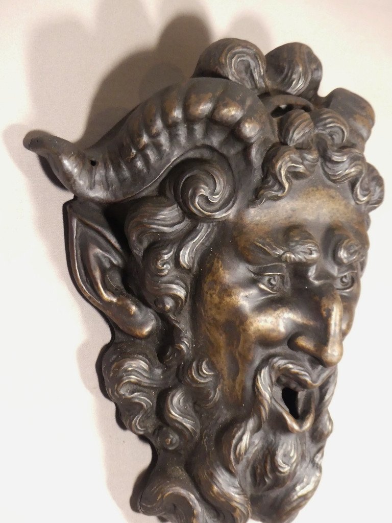 Mascaron De Fontaine Faune Ou Satyre En Métal Patiné Bronze, époque XIX ème-photo-2