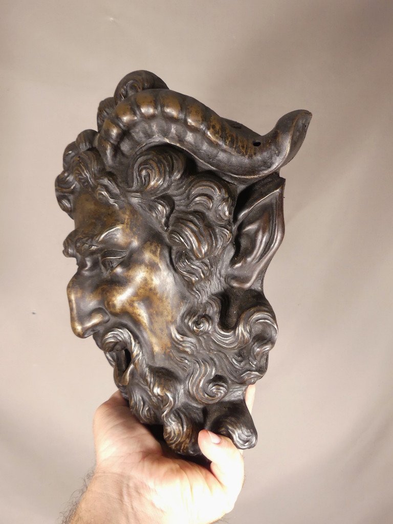 Mascaron De Fontaine Faune Ou Satyre En Métal Patiné Bronze, époque XIX ème-photo-4