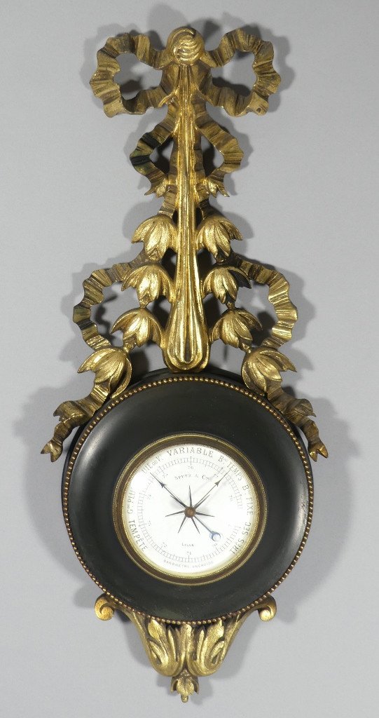 Louis XVI Style Barometer In Gilded And Patinated Bronze, Stutz Et Cie In Lille, Early 20th Century