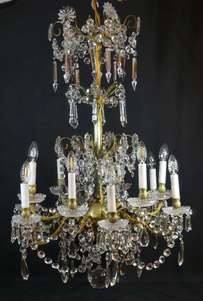 Baccarat, Large 12-light Crystal And Bronze Chandelier, 19th Century 