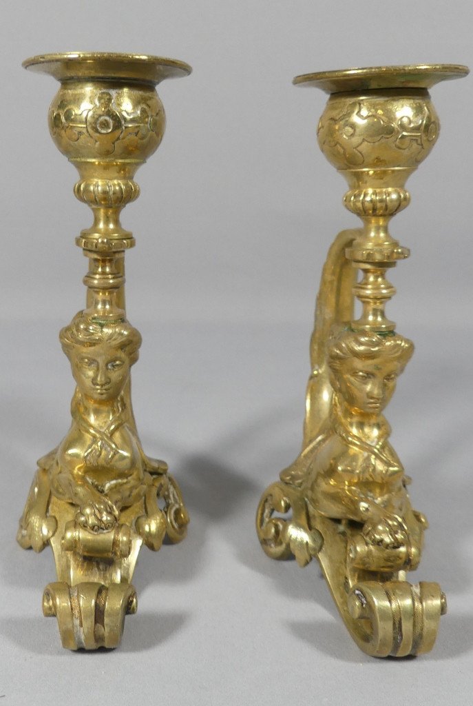 Pair Of Gilt Bronze Sphinx Candlesticks, Napoleon III Period-photo-1