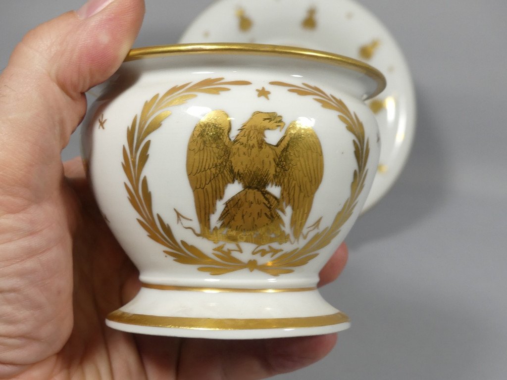 Napoleon Empire Style Mug, Hand Painted White And Gold Porcelain, Eagle, Bee, N-photo-2