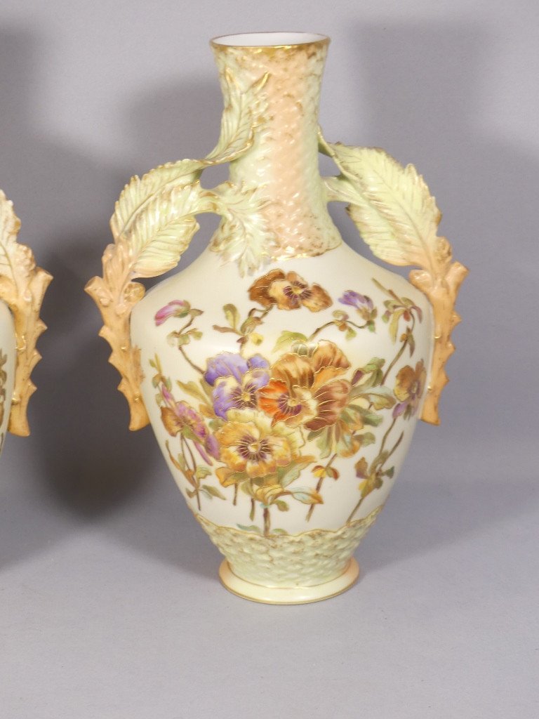 Pair Of Pansy Vases, German Porcelain From Rudolstadt, Straus And Sons Circa 1890-photo-2